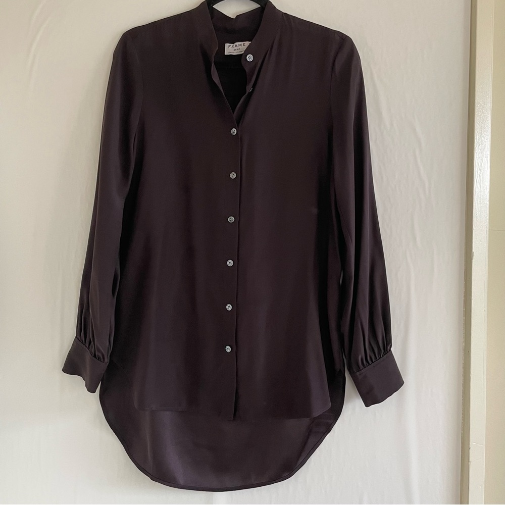 Frame Brown Silk Long Sleeve Mandarin Collar Top Size S - Picture 2 of 11